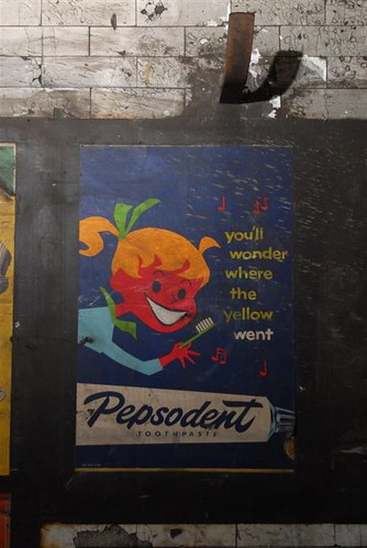 c1959 vintage Pepsodent Toothpaste poster found in Notting Hill Gate tube station, 2010