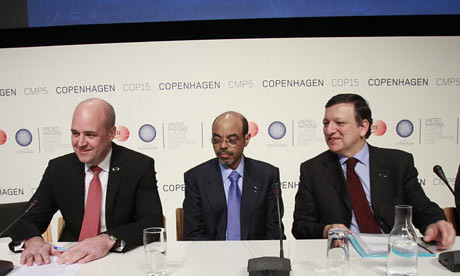 Ethiopian Prime Minister Meles Zenawi offers compromise at Copenhagen conference. He is asking for less money than Africa initially suggested. He is flanked by the Swedish Prime Minister Fredrik Reinfeldt and EU Commission President Jose Manuel Barroso. by Pan-African News Wire File Photos