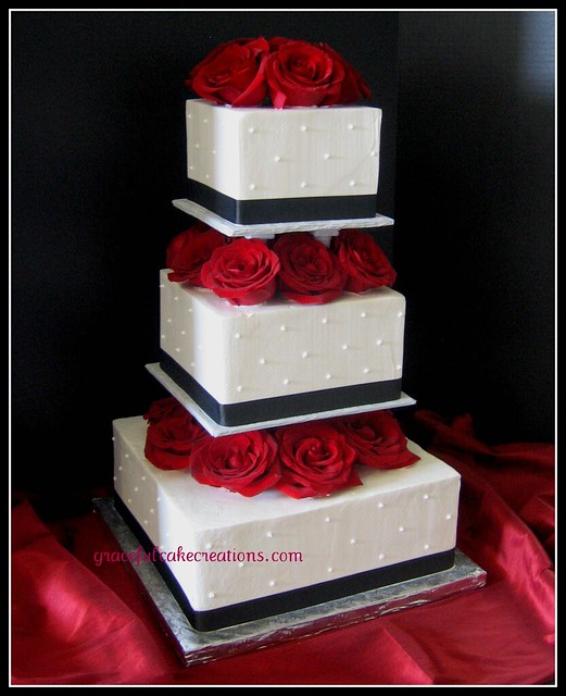 Square Black and White Wedding Cake by Graceful Cake Creations