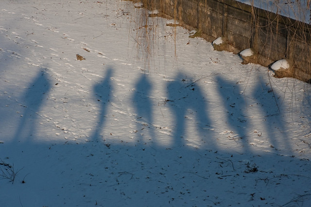 Shadows of people on a bridge projected on snow