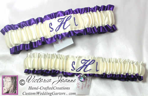 Ivory and purple wedding garters Custom designed monogram is professionally