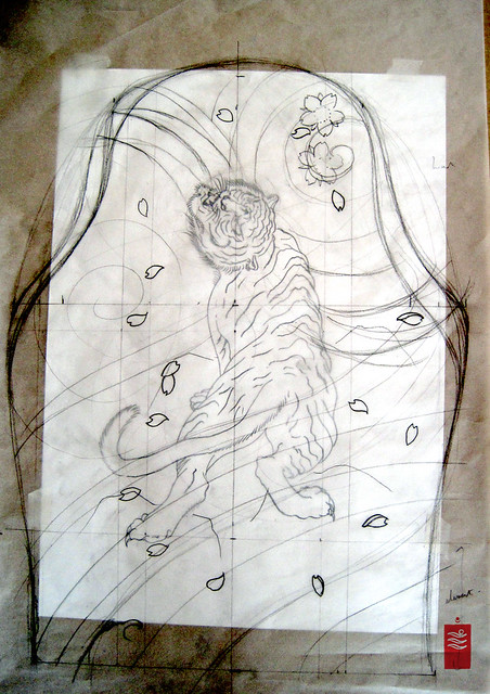 Tiger Sleeve Tattoo Cherry Blossoms first draft