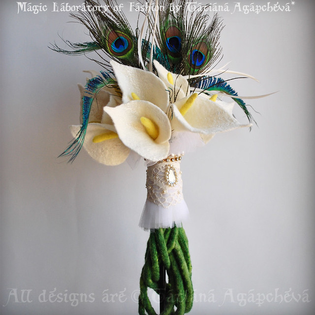 Aphrodite Ivory Calla Lilies and Peacock Feathers BRIDAL BOUQUET SET with