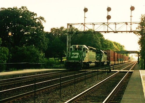 Eastbound Burlington Northern freight train approaching Highlands station. Hindsdale Illinois. September 1993. by Eddie from Chicago
