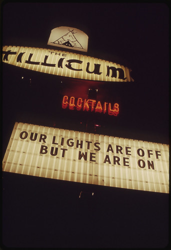 The Energy Crisis in the States Or Oregon and Washington Resulted in Attempts at Humor by Businesses with Outdoor Signboards. There Is Some Confusion on This One in Portland, Oregon It States Lights Are Off, But They Are on 11/1973