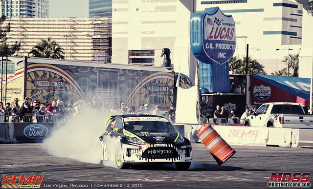 Ken Block demo's his Ford Fiesta at the Monster Energy lot
