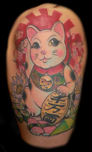 Maneki Neko Lucky Cat Tattoo with Sushi and Origami