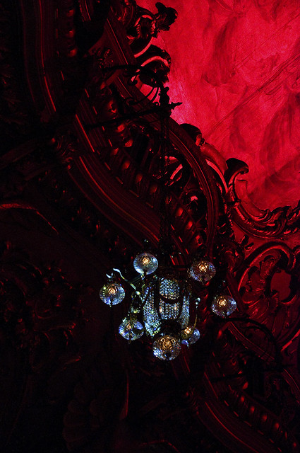 Blackpool Tower Ballroom Blue chandelier against red ceiling