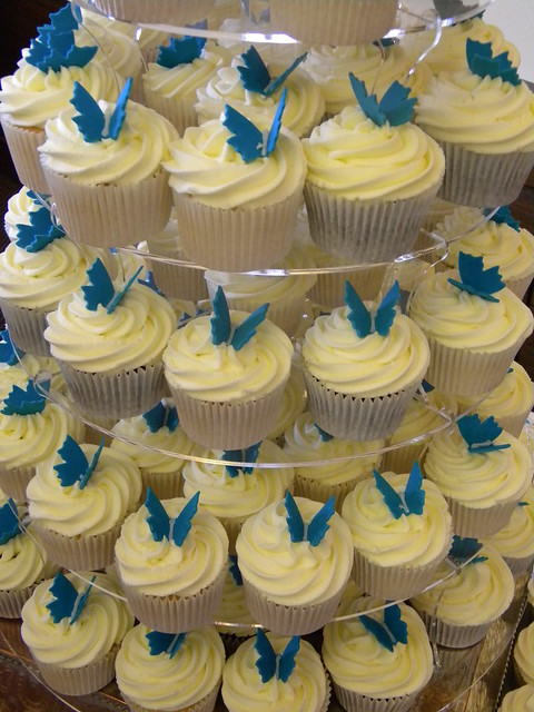 Close up of Teal Butterfly Theme Wedding Cupcakes