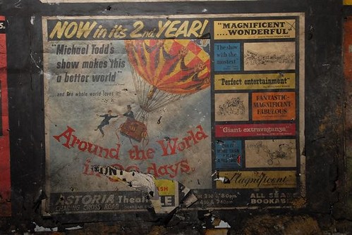 "Around the World in Eighty Days", movie film poster from 1956 as found in disused area of Notting Hill Gate tube station, London, 2010