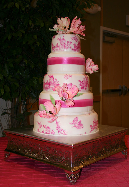 Fuschia wedding cake Ryan Mandy Hand stenciled toile pattern with 