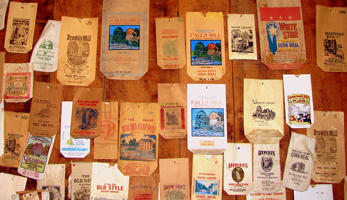 Collection of bags of mill flour at Falls Mill