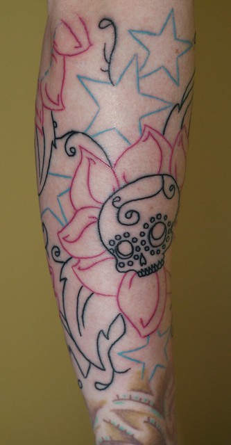 Sugar Skull Lower Arm Tattoo Linework In progress