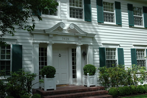 Fancy front doorway, columns, green shutters, formal design, Washington Park neighborhood, Seattle, Washington, USA by Wonderlane
