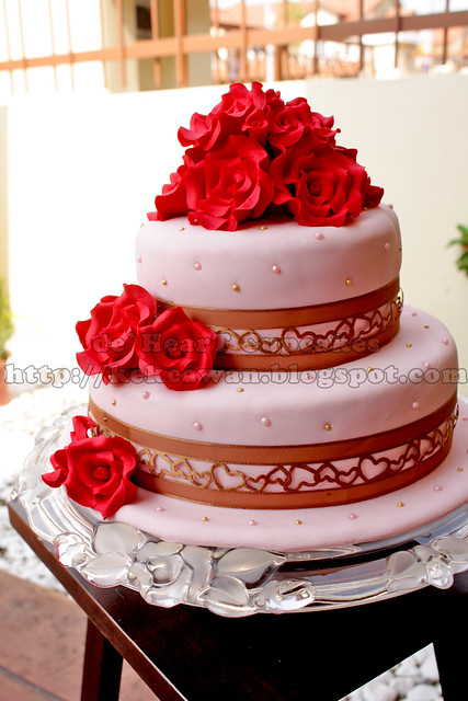 Two tier stacked fondant cake for wedding Theme colour Red Light Pink and 