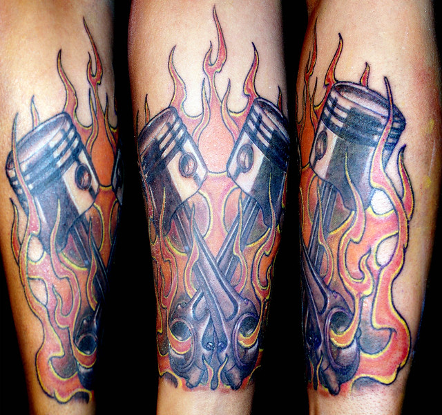Mechanic Tattoo Flaming Pistons Roy S flaming pistons cuff