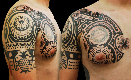 Alan's Polynesian half sleeve and chest tribal chest tattoos