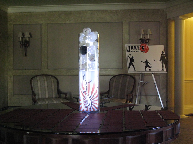 Sports themed centerpiece with custom back lit graphic for a Bar Mitzvah at 
