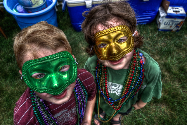 Mardi Gras Colorful Masks, Kids wearing Green and Golden Yellow Color Mask