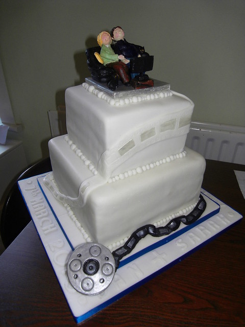 Film themed Wedding Cake 2 tiered chocolate cake top tier gluten and wheat