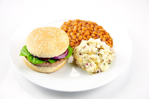 Turkey Burger with Baked Beans and Potato Salad