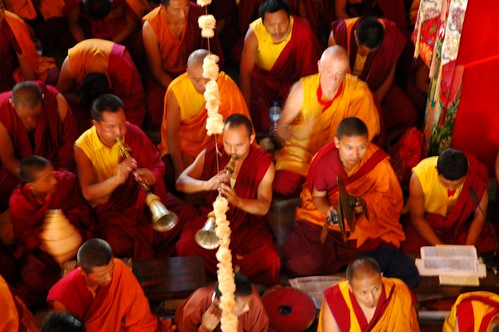 Tibetan band, Mandala Offering, continuous motion and sound as offering, Sakya Lamdre, Tharlam Monastery of Tibetan Buddhism, Boudha, Kathmandu, Nepal by Wonderlane