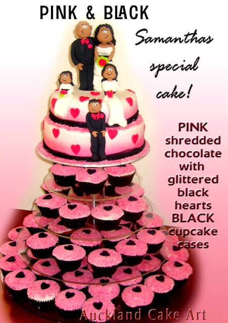 PINK BLACK WEDDING CAKE AND CUPCAKES