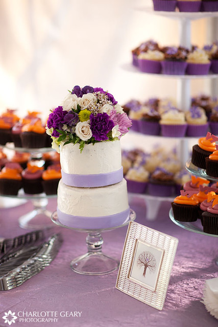 Lavender wedding cakes and groom's cupcakes