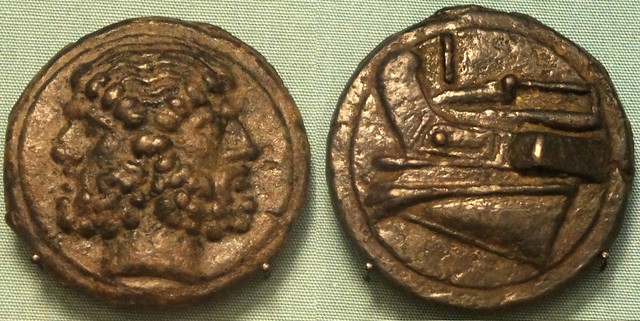 36/1 cast Aes Grave As Janus Prow two coins of same type on display in the British Museum