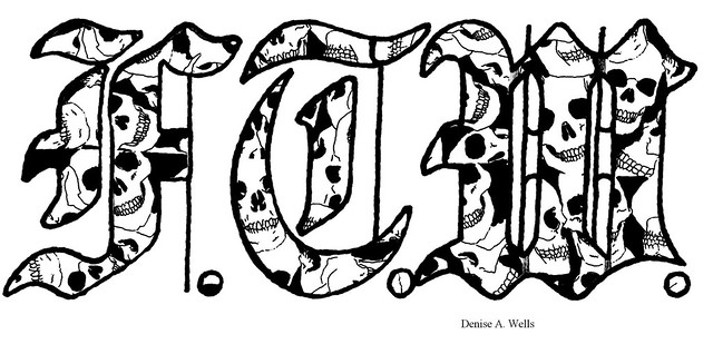  skulls in the Old English lettering I wanna make the same tattoo with 