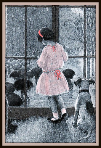 children, little girl by rainy day window