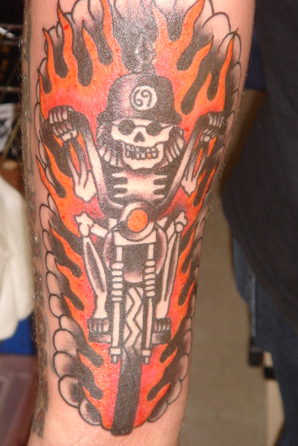 SkeletonMotorcycle flames Traditional Tattoo by KeelHauled Mike 