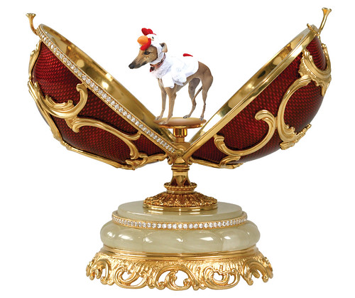 gracie the greyhound dressed as a chicken in a faberge egg by martinichick