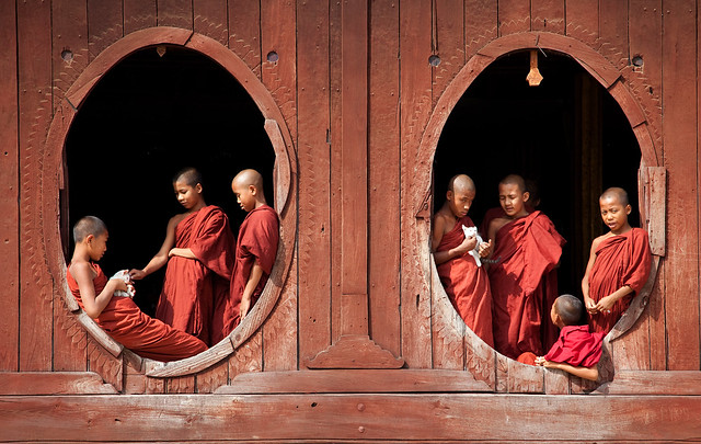 Monks at the windows - Myanmar