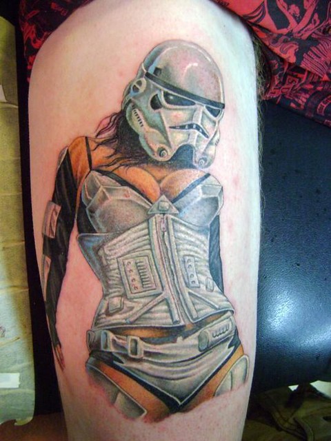 Courtney Cruz sexy storm trooper tattoo by Bryce Nadeau working at Preachers