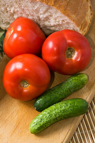 Tomatoes, cucumbers and homemade bread