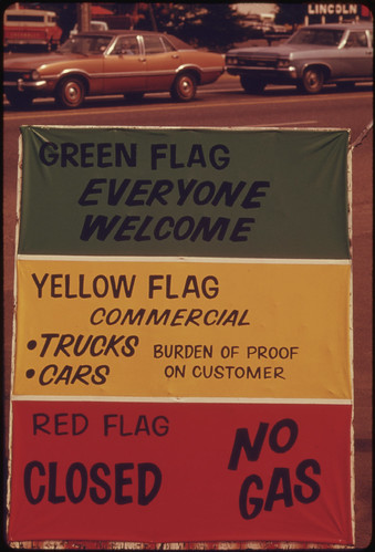 Gasoline Dealers in Oregon Displayed Signs Explaining the Flag Policy During the Fuel Crisis in the Winter of 1973-74...05/1974