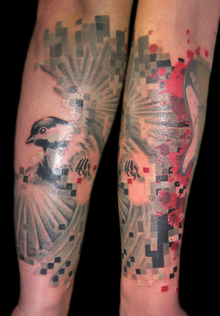 Digitized Pixel Chickadee Custom Tattooing by Ainslie Heilich of Vintage 