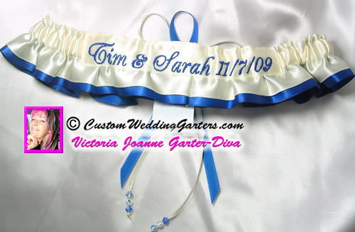 Ivory and royal blue wedding garter Personalized with names and date