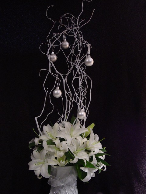 White Lilies and Curly Willow Wedding Reception Centerpiece
