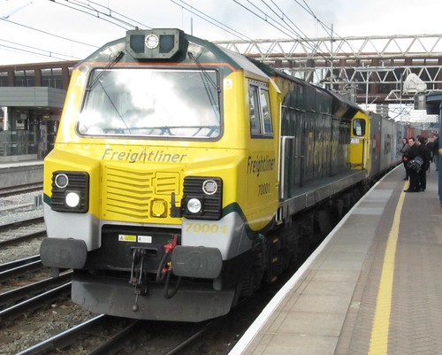 Class 70 001 PowerHaul on Felixstowe-Lawley St working bemuses commuters on platform 10 of Stratford station. 15/4/10