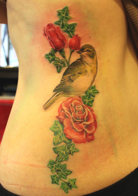 bird with roses and ivy tattoo by Mirek vel Stotker