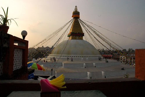 Boudha Stupa from the east, restaurant rooftop, napkins, umbrella, Boudha, Kathmandu, Nepal by Wonderlane