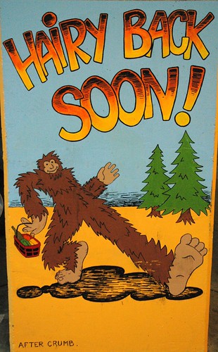 Northwest humor, Hairy Back Soon! After Crumb, Yeti, Abominable Snowman, U District, Seattle, Washington, USA by Wonderlane