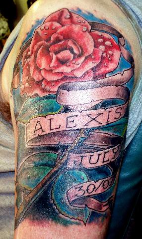 Dewy Rose and Banner Memorial Tattoo A dew covered red rose