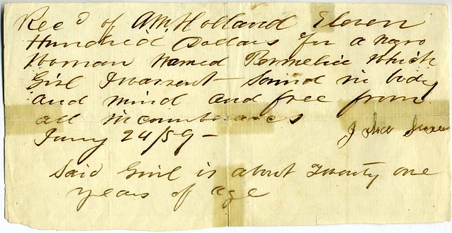 Receipt for sale of Permelia, an African-American slave woman