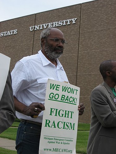 Abayomi Azikiwe, editor of the Pan-African News Wire, outside the WSU Law School during a demonstration against police brutality and misconduct in the city of Detroit. A 7-year-old was killed the day before by the police. (Photo: Cheryl LaBash) by Pan-African News Wire File Photos