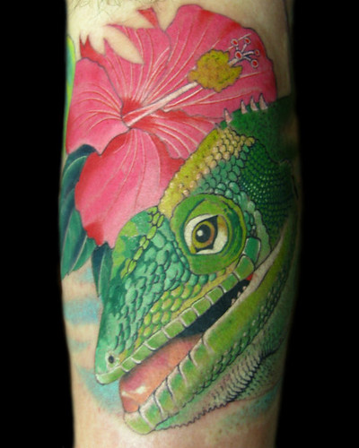 Jamaican Anole Lizard and Hibiscus Tattoo Flowers tattoo Image by 561design
