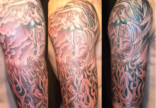 Angel Escaping Hell Quarter Sleeve Tattoo