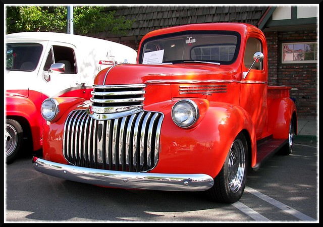 A beautiful orange 1946 Chevy pickup at the 2010 Kingsburg Car Show